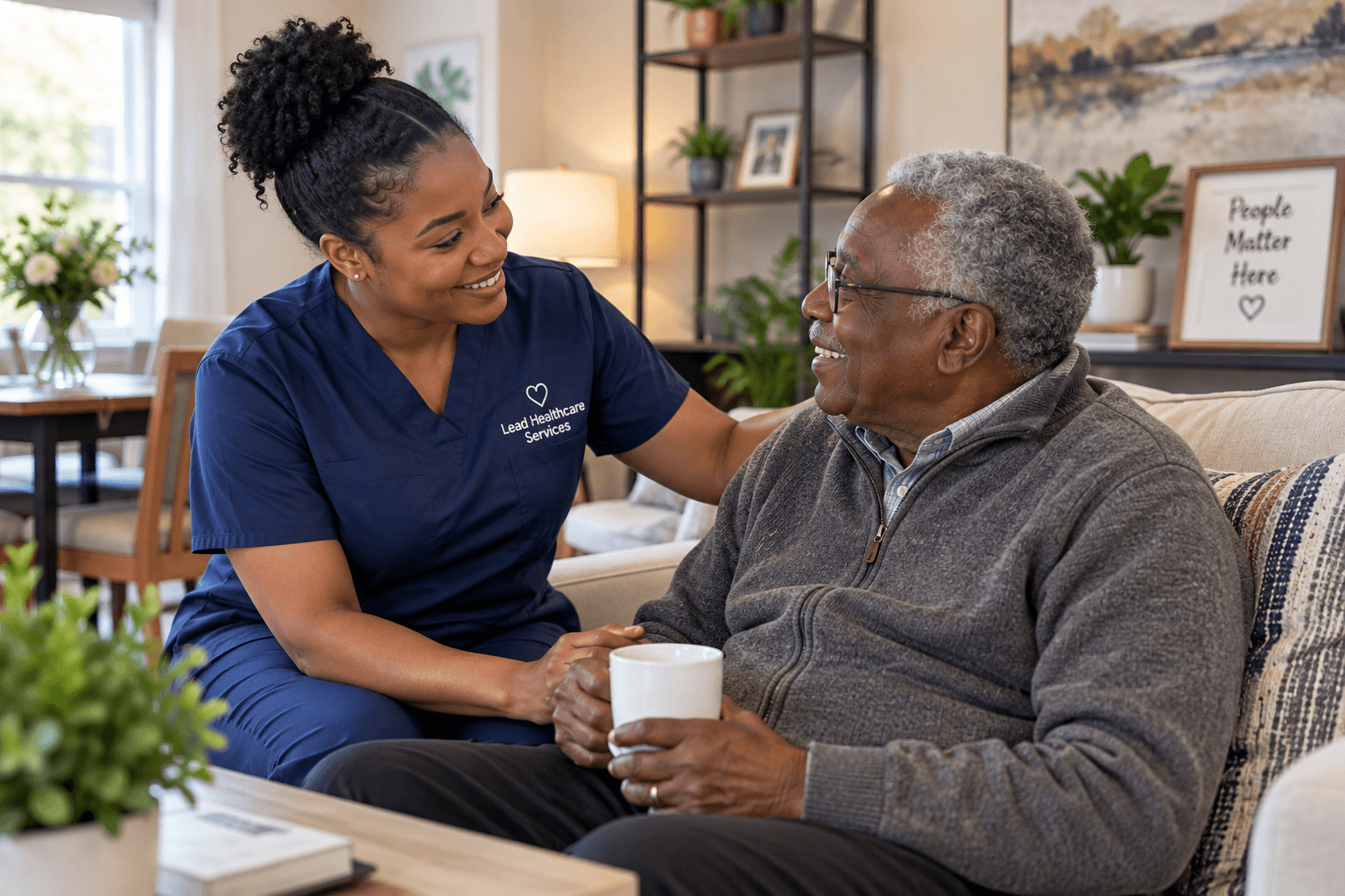A home-care professional, an older adult, and a family member sharing a warm conversation at home