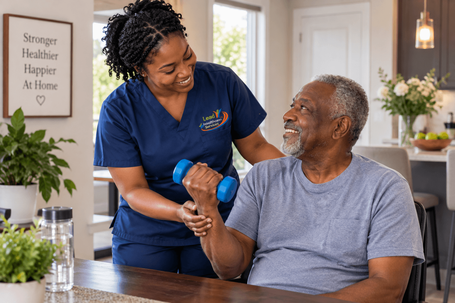 A nurse speaking with an older adult in a comfortable home