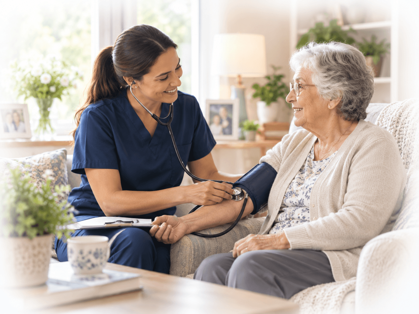 A healthcare professional supporting an older adult at home