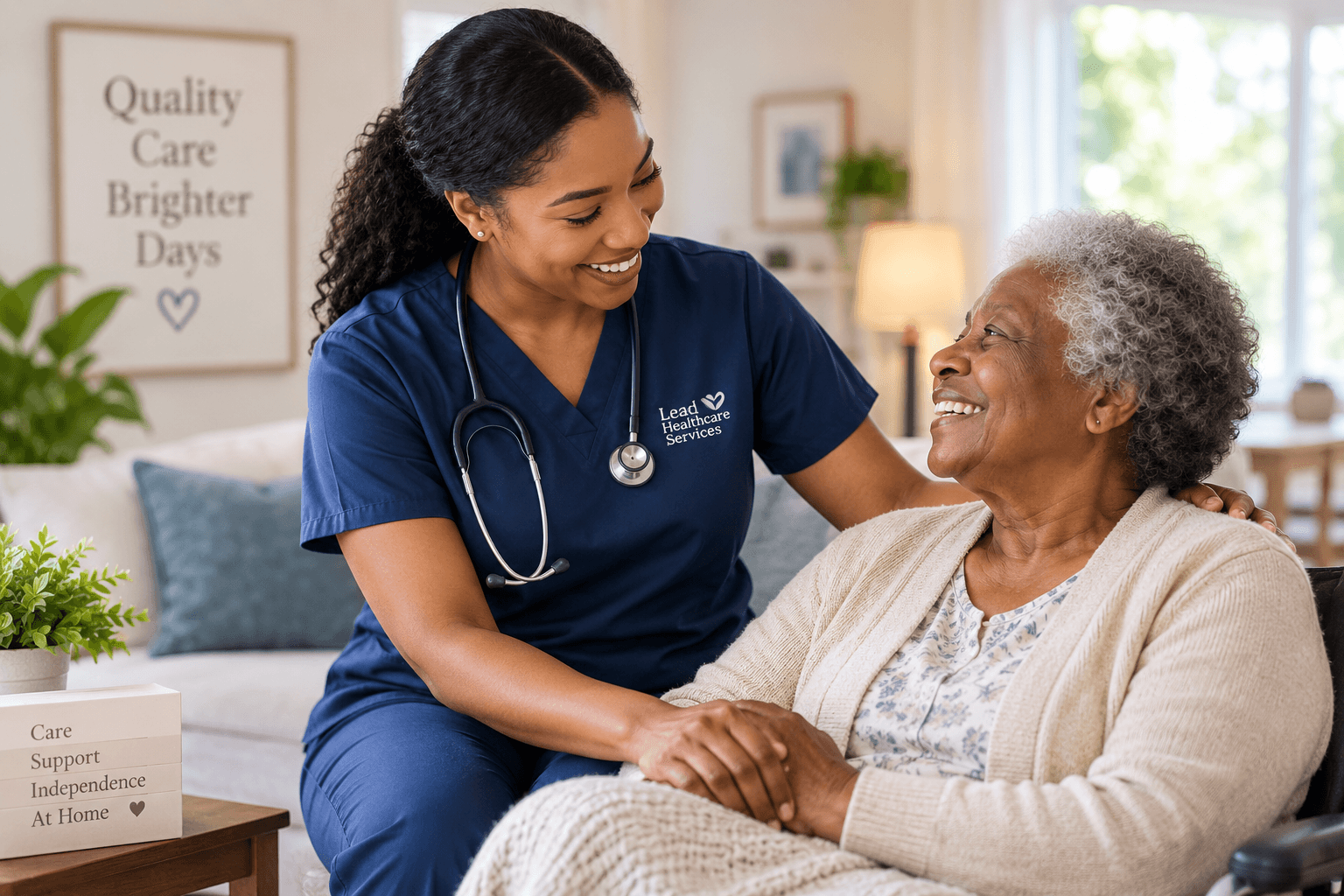 A caring healthcare professional with an older adult