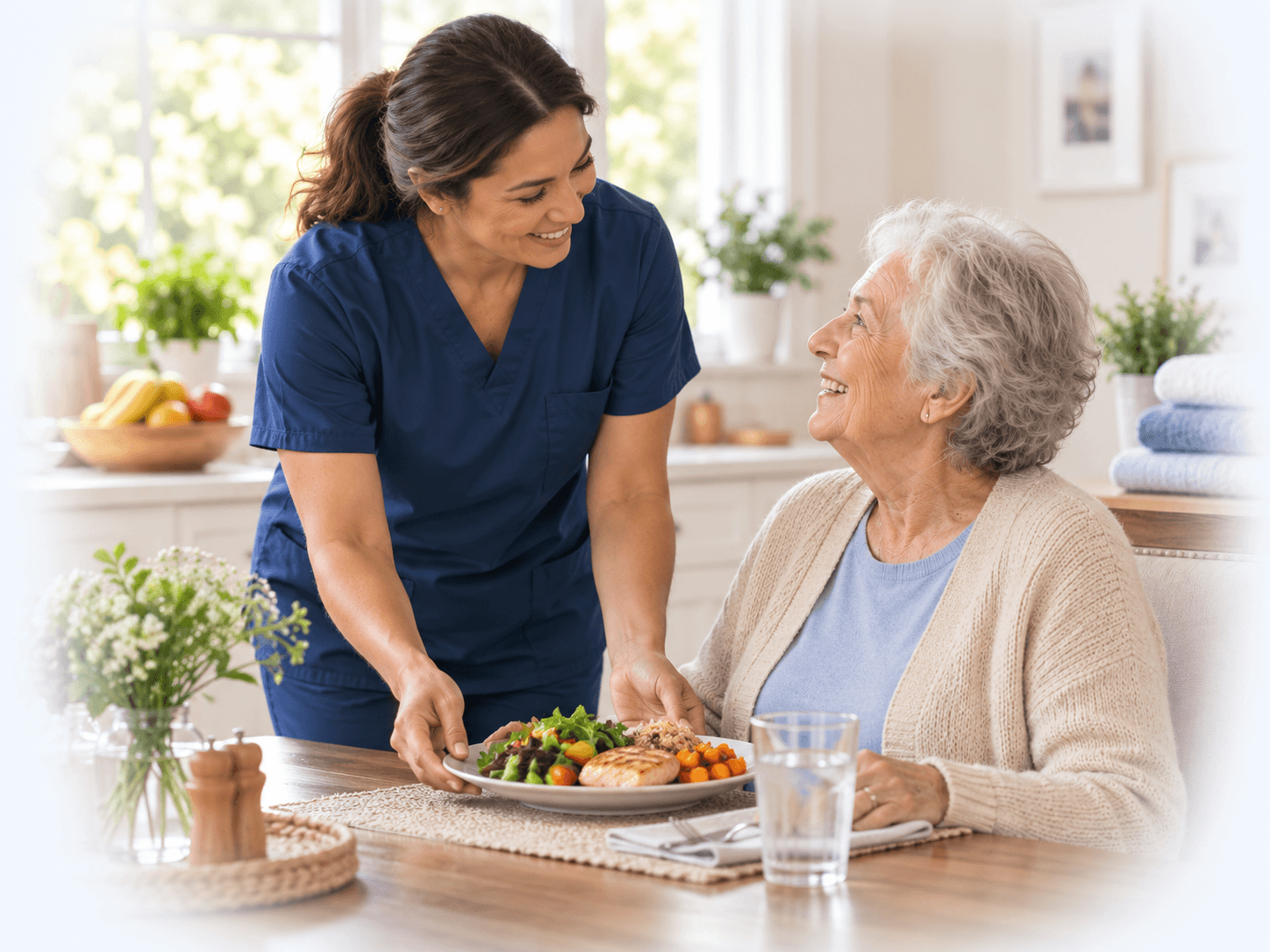 A caregiver preparing a healthy meal in a client’s kitchen